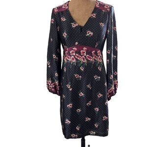 Nanette Lepore Silk Floral V-Neck Dress Long Bubble Sleeves Black Lined Size 6‍‍